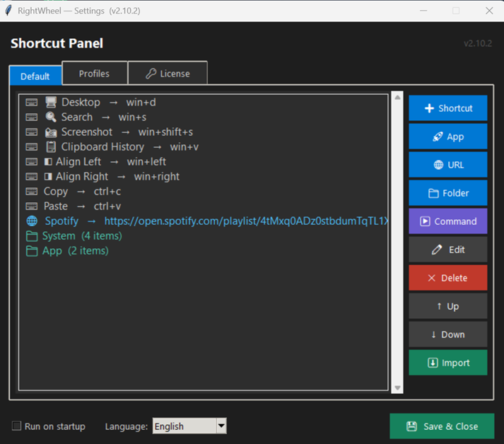 RightWheel settings window for adding apps, keyboard shortcuts, URLs, and shell commands